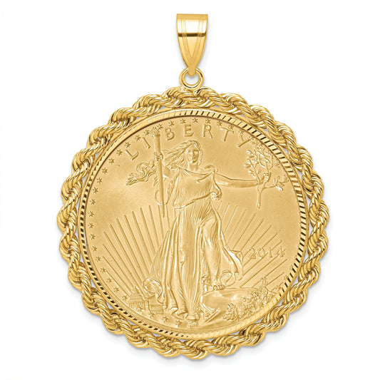 10K Yellow Gold Wideband Distinguished Coin Jewelry Polished And Diamond-Cut With Rope Edge Mounted 1Oz American Eagle Prong Bezel Pendant