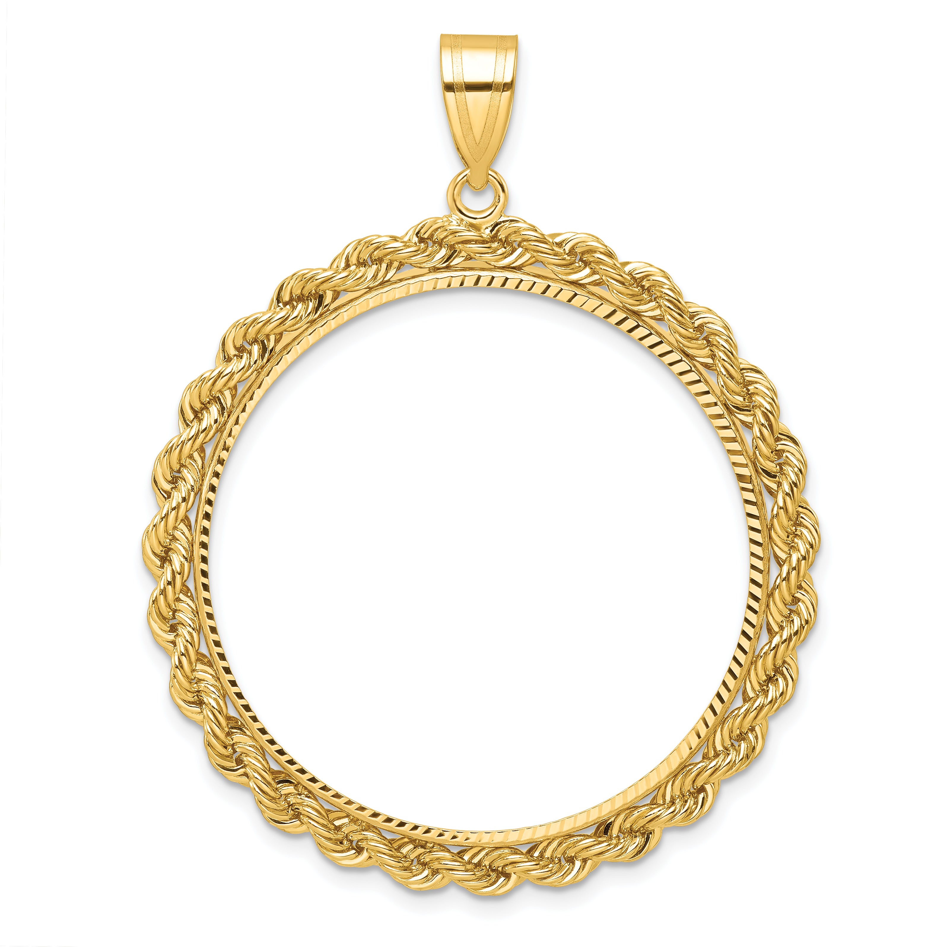 10K Yellow Gold Wideband Distinguished Coin Jewelry Polished And Diamond-Cut With Rope Edge 32.7mm Prong Bezel Pendant