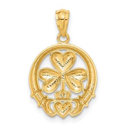 14K Yellow & Rhodium Rhodium-Plated Shamrock And Claddagh Pendant