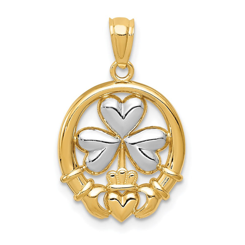 14K Yellow & Rhodium Rhodium-Plated Shamrock And Claddagh Pendant