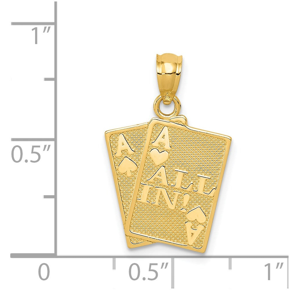 14K Yellow Gold Ace Of Hearts And Spades All In! Cards Pendant