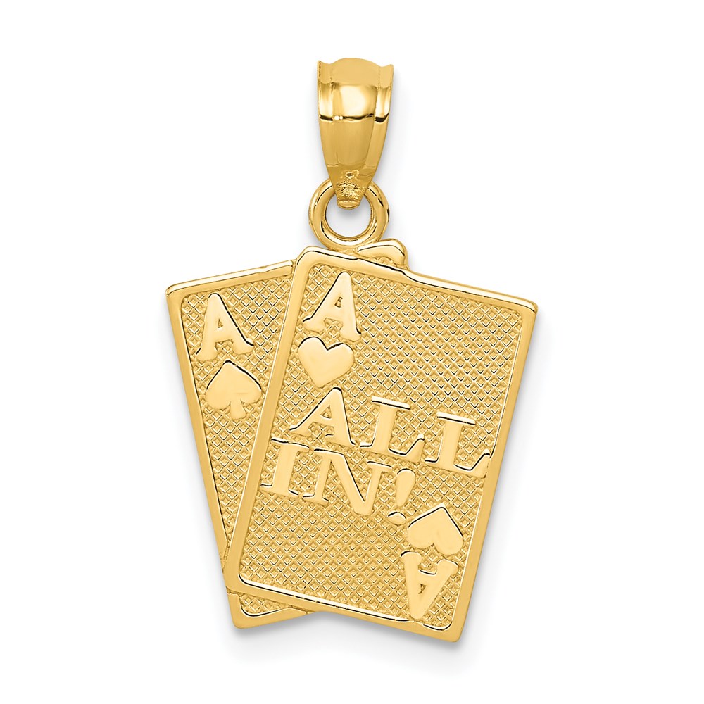 14K Yellow Gold Ace Of Hearts And Spades All In! Cards Pendant