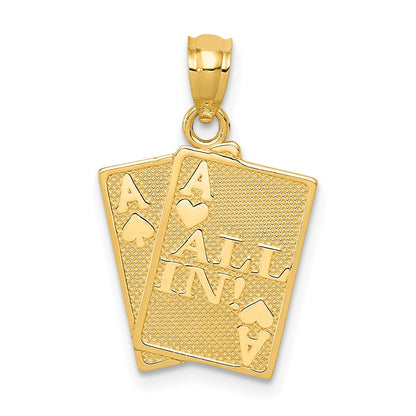 14K Yellow Gold Ace Of Hearts And Spades All In! Cards Pendant
