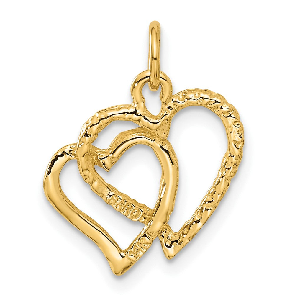 14K Yellow Gold Polished And Textured Double Heart Pendant