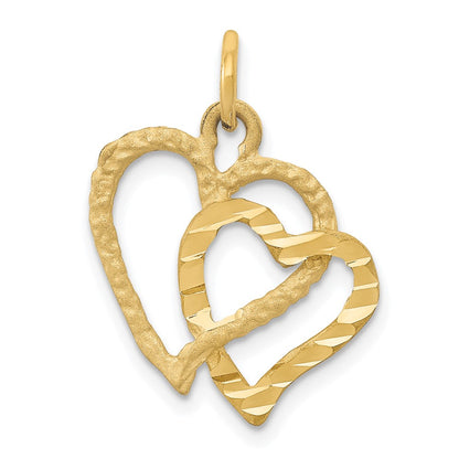 14K Yellow Gold Polished And Textured Double Heart Pendant