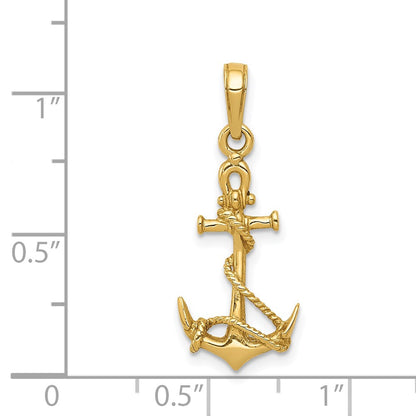 14K Yellow Gold 3-D Anchor W/Shackle And Entwined Rope Pendant