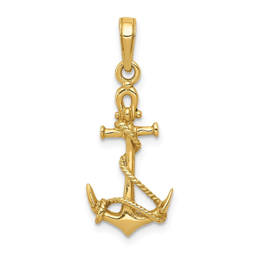 14K Yellow Gold 3-D Anchor W/Shackle And Entwined Rope Pendant
