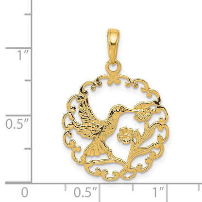 14K Yellow Gold Hummingbird In Round Frame Pendant