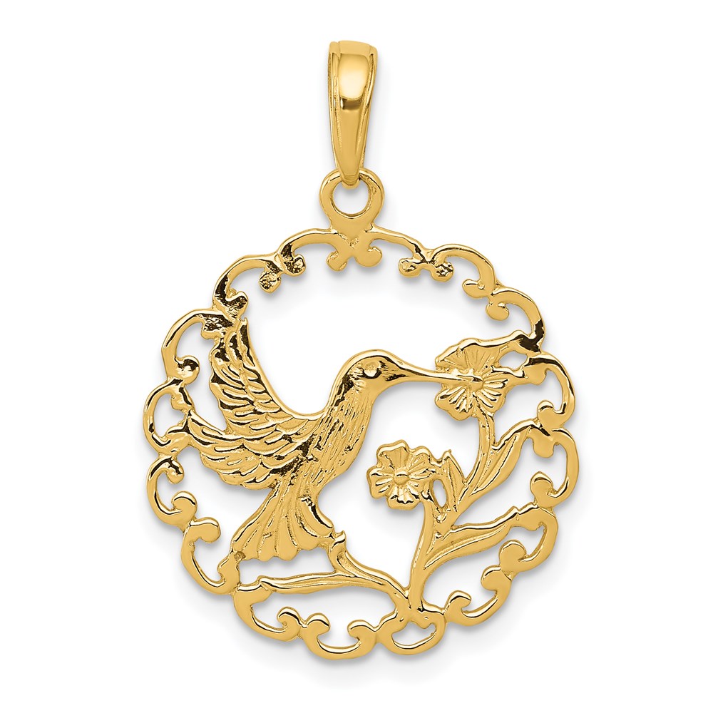 14K Yellow Gold Hummingbird In Round Frame Pendant