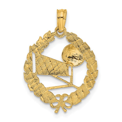 14K Yellow Gold Volleyball Story In Leaf Circle Charm