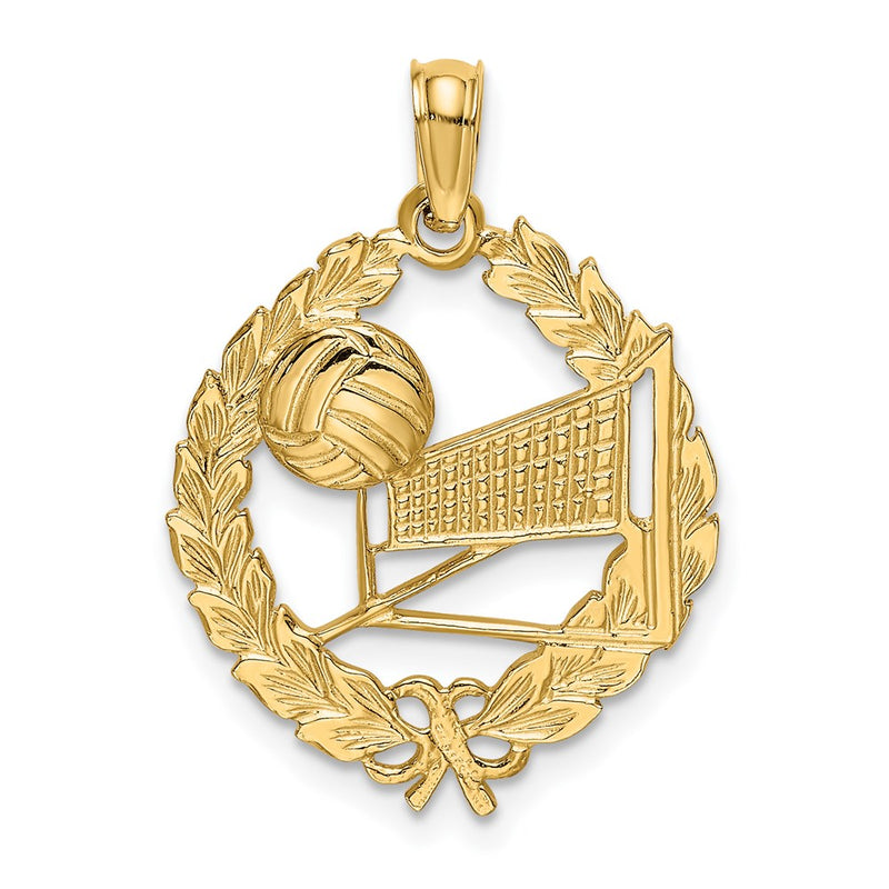 14K Yellow Gold Volleyball Story In Leaf Circle Charm