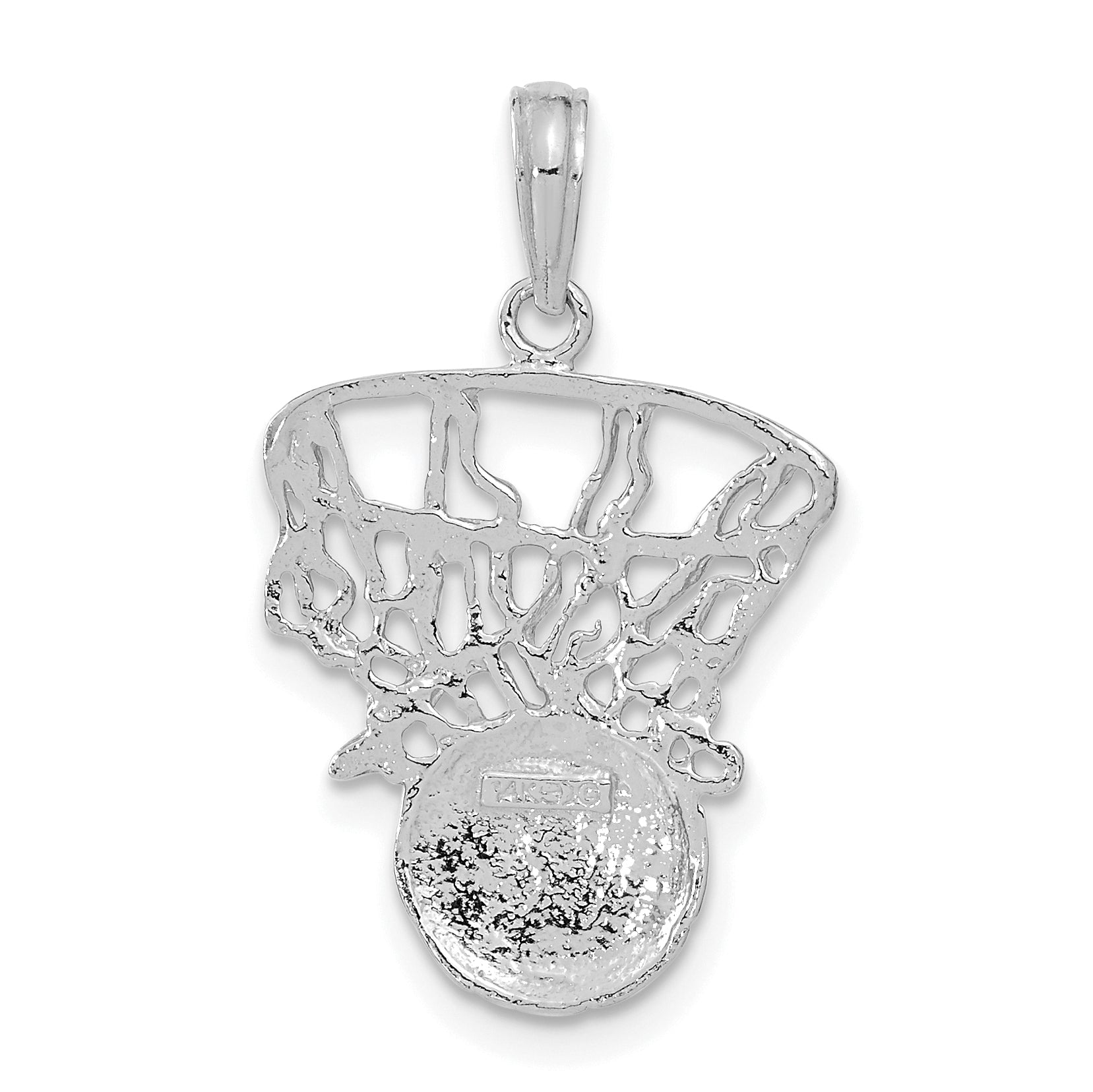 14k White Gold Swoosh Basketball and Net Pendant