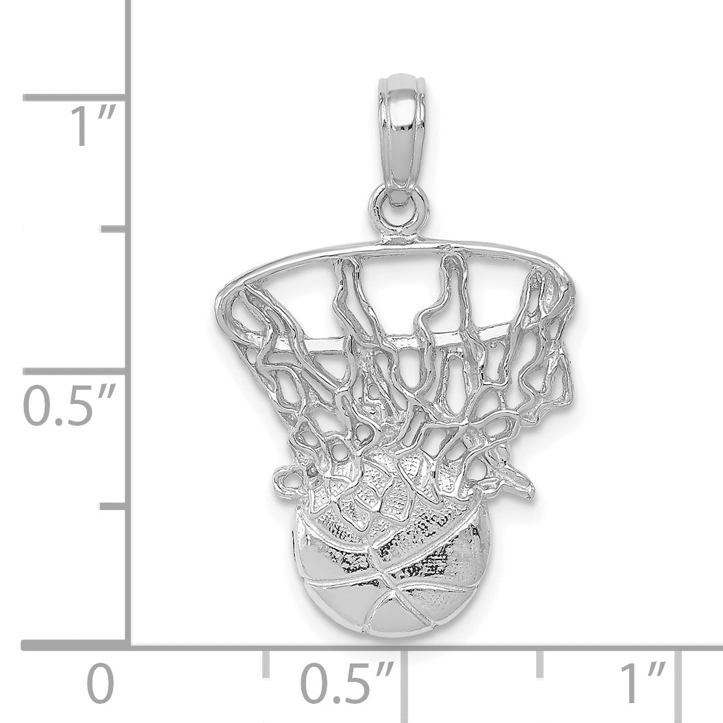 14k White Gold Swoosh Basketball and Net Pendant