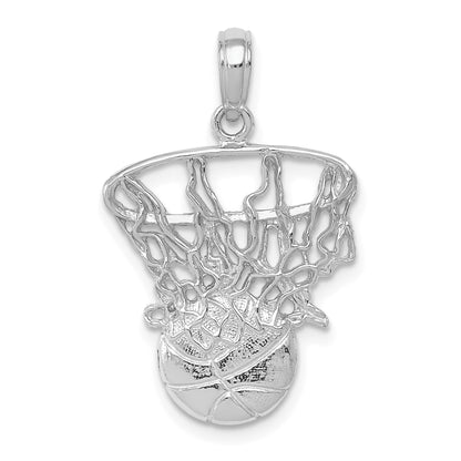 14k White Gold Swoosh Basketball and Net Pendant