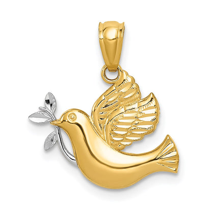 14K Yellow & Rhodium W/Rhodium Polished Dove W/Olive Branch Pendant