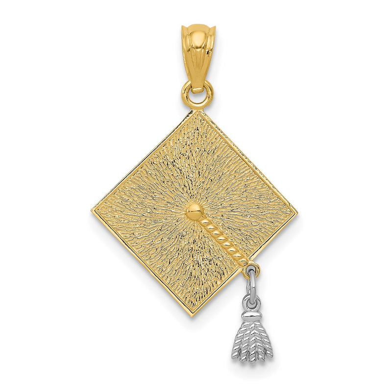 14K Yellow & Rhodium W/Rhodium 3-D Graduation Cap W/Moveable Tassel Pendant