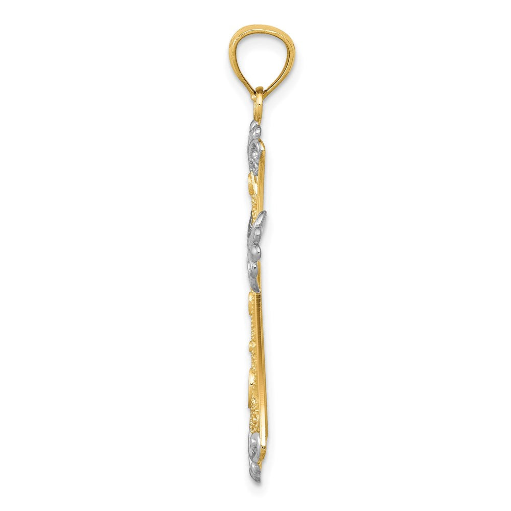 14K Yellow & Rhodium W/Rhodium Diamond-Cut Cross Pendant