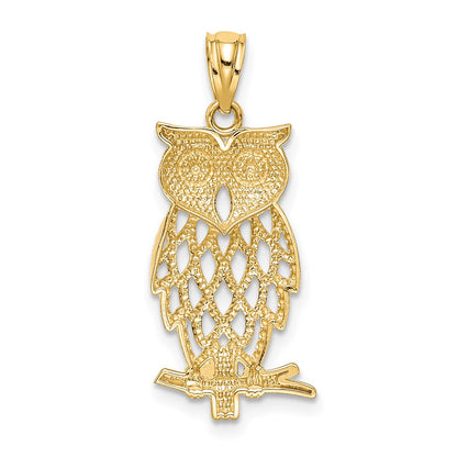 14K Yellow & Rhodium Gold Diamond Cut Owl Pendant