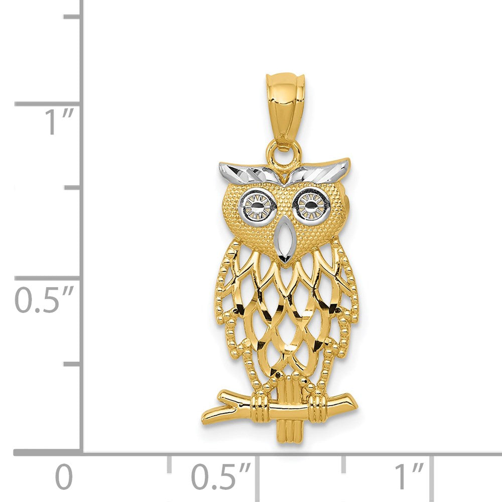 14K Yellow & Rhodium Gold Diamond Cut Owl Pendant