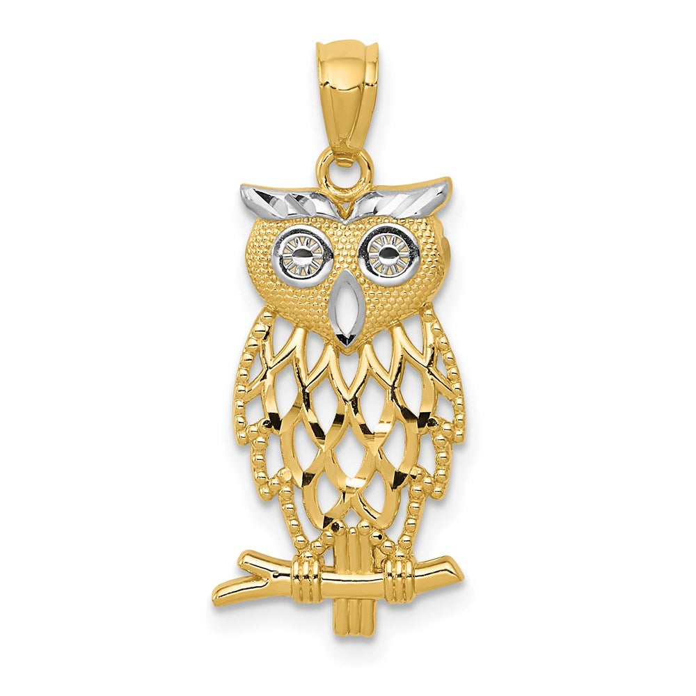 14K Yellow & Rhodium Gold Diamond Cut Owl Pendant