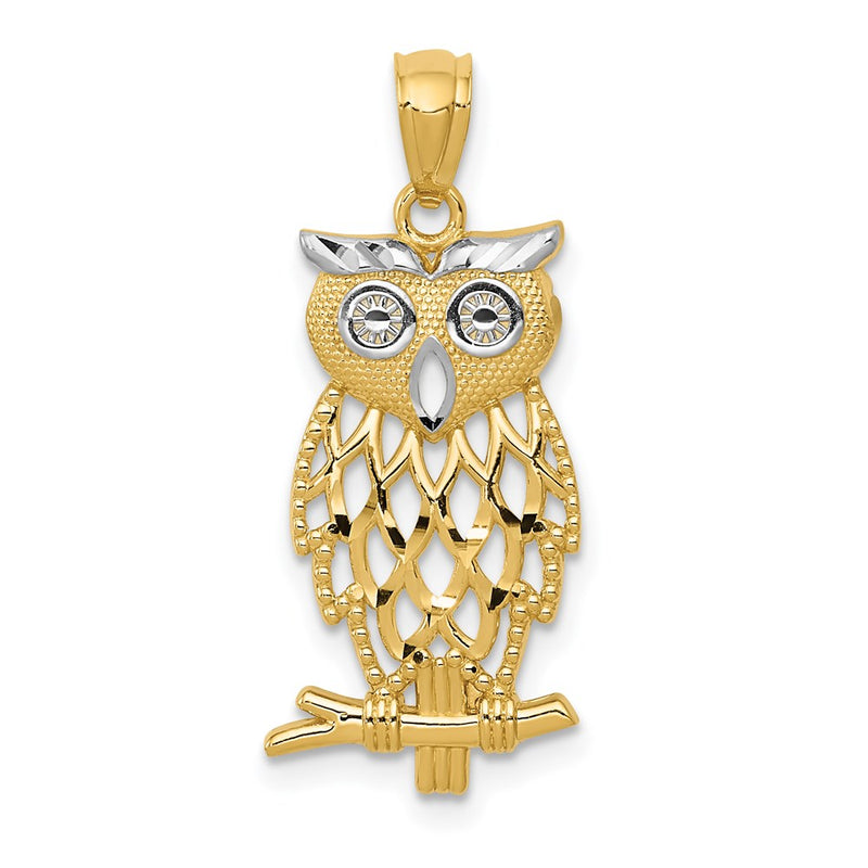 14K Yellow & Rhodium Gold Diamond Cut Owl Pendant