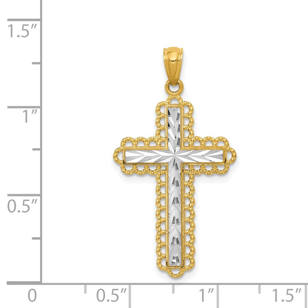 14K Yellow & Rhodium Gold W/Rhodium Diamond Cut Cross Pendant