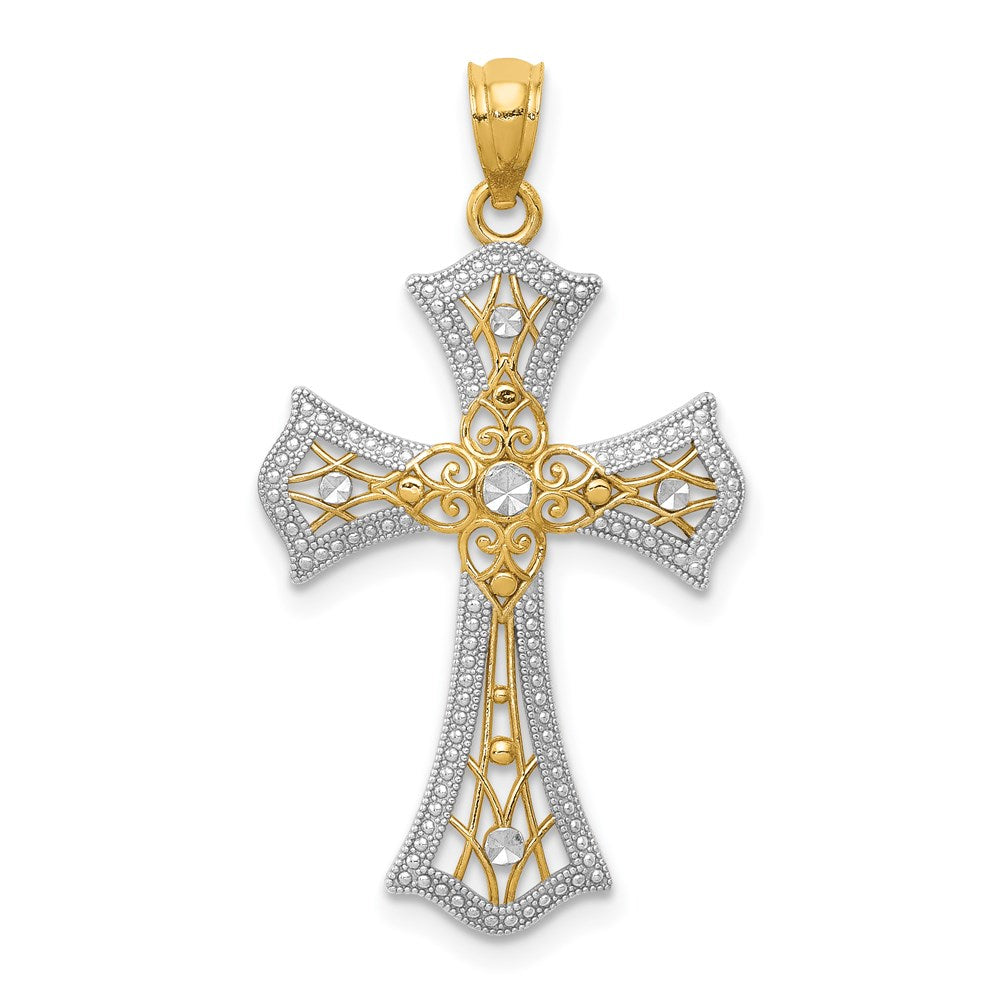 14K Yellow & Rhodium W/Rhodium Diamond-Cut Cross Pendant