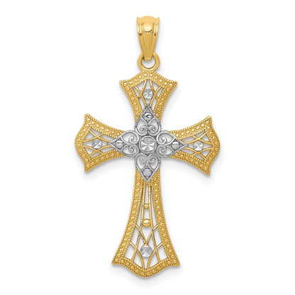 14K Yellow & Rhodium W/Rhodium Diamond-Cut Cross Pendant