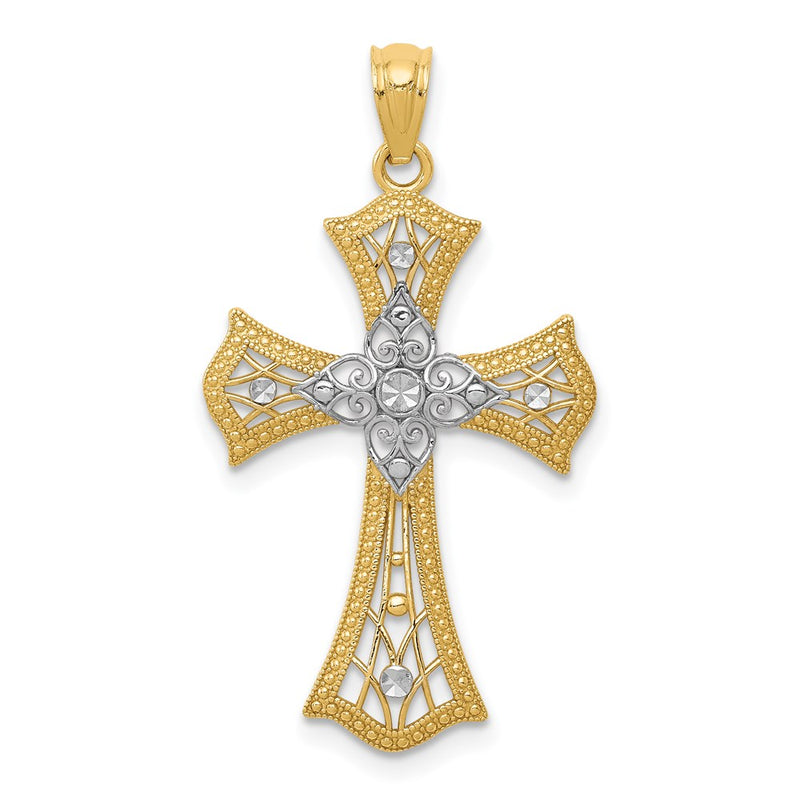 14K Yellow & Rhodium W/Rhodium Diamond-Cut Cross Pendant
