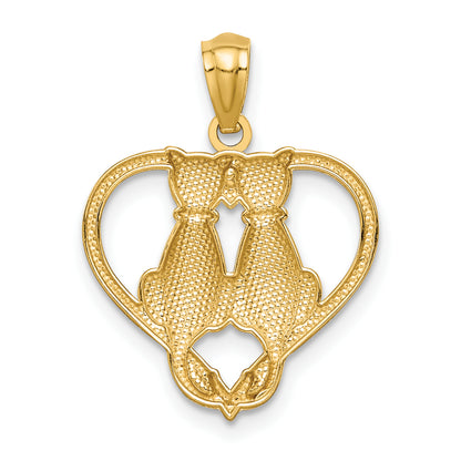 14K Yellow Gold Sitting Cats In A Heart Pendant