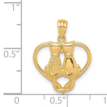 14K Yellow Gold Sitting Cats In A Heart Pendant