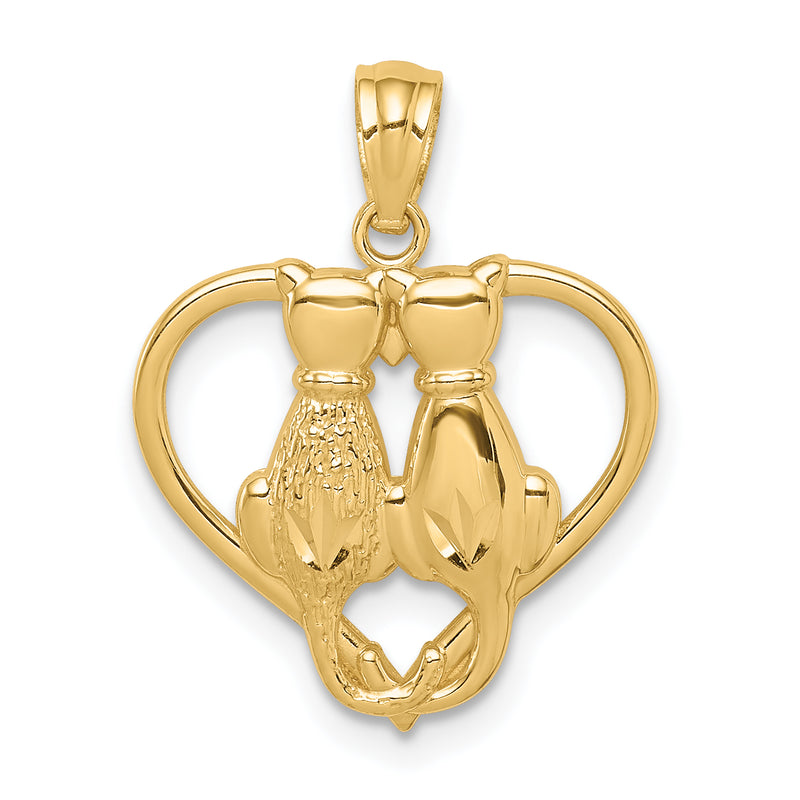 14K Yellow Gold Sitting Cats In A Heart Pendant