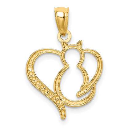 14K Yellow & Rhodium White Sitting Cat In A Heart Pendant