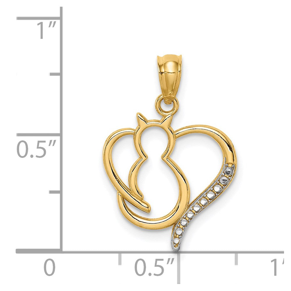 14K Yellow & Rhodium White Sitting Cat In A Heart Pendant