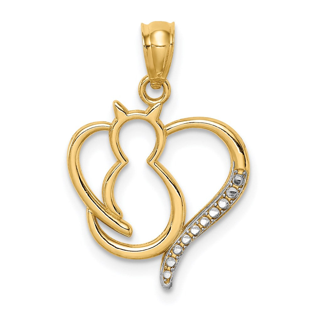 14K Yellow & Rhodium White Sitting Cat In A Heart Pendant