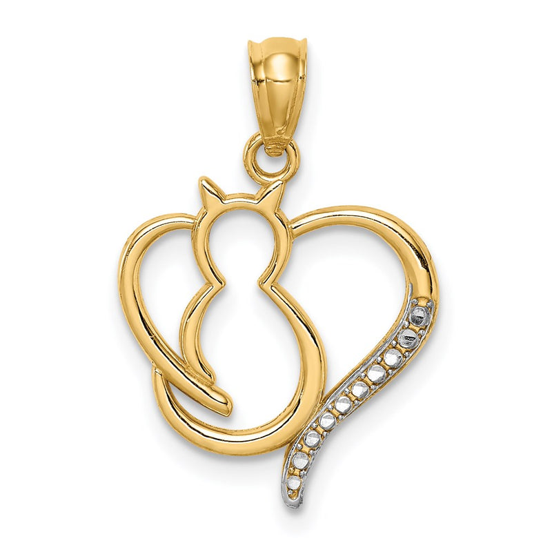 14K Yellow & Rhodium White Sitting Cat In A Heart Pendant
