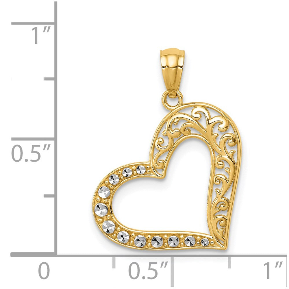 14K Yellow & Rhodium And White Polished Filigree Heart Pendant