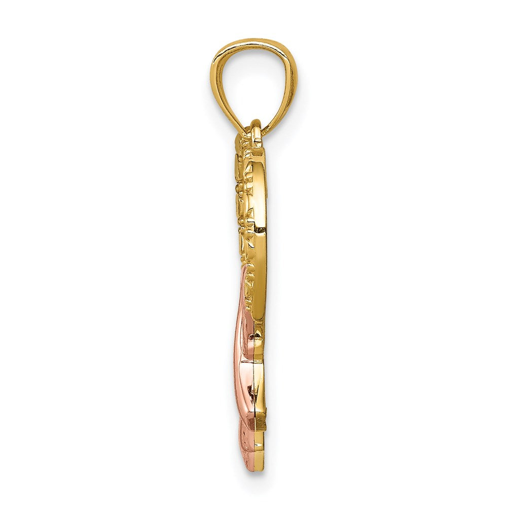14K Yellow & Rhodium Rose Pink Ribbon With Heart Pendant