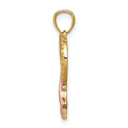 14K Yellow & Rhodium Rose Pink Ribbon With Heart Pendant