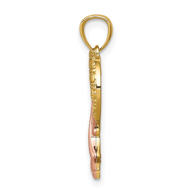 14K Yellow & Rhodium Rose Pink Ribbon With Heart Pendant