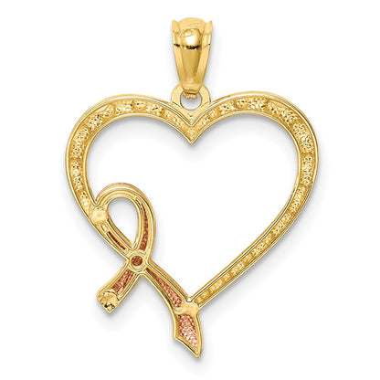 14K Yellow & Rhodium Rose Pink Ribbon With Heart Pendant