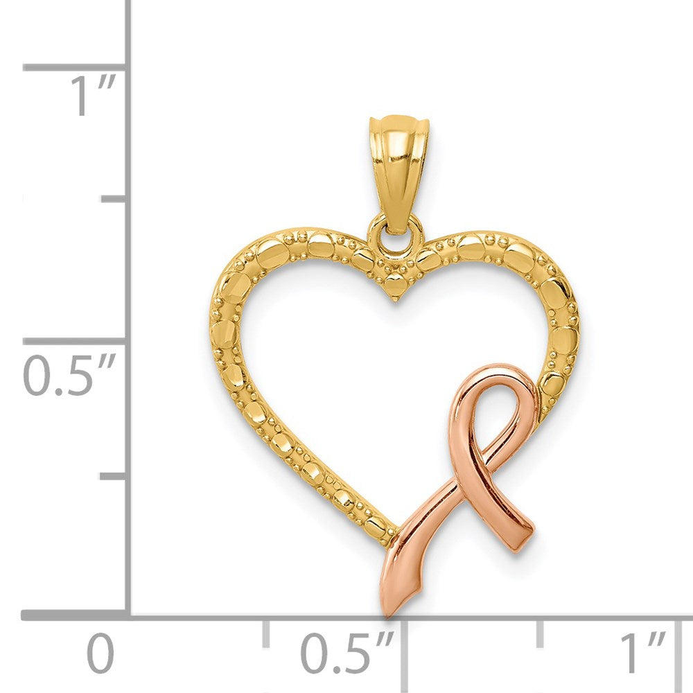 14K Yellow & Rhodium Rose Pink Ribbon With Heart Pendant