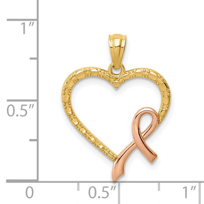 14K Yellow & Rhodium Rose Pink Ribbon With Heart Pendant