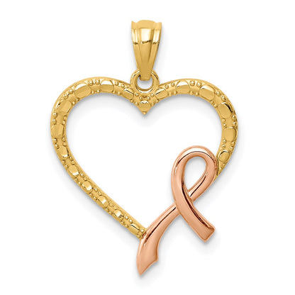 14K Yellow & Rhodium Rose Pink Ribbon With Heart Pendant