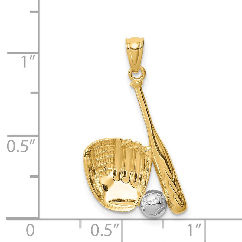14K Yellow & Rhodium White Baseball Glove Bat Ball Pendant