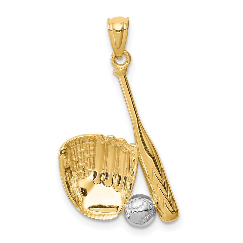 14K Yellow & Rhodium White Baseball Glove Bat Ball Pendant