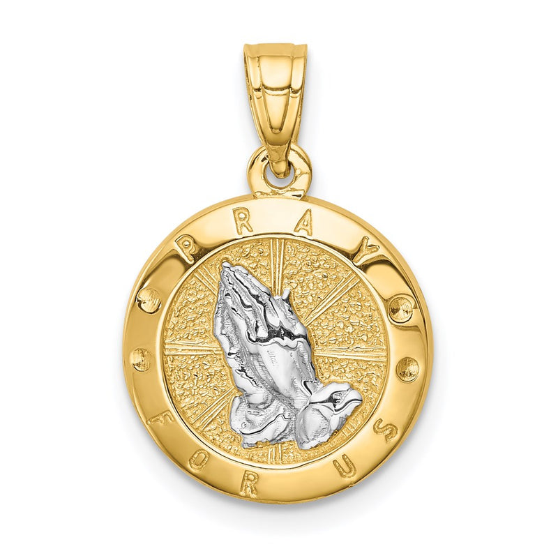 14K Yellow & Rhodium W/Rhodium Praying Hands Pendant