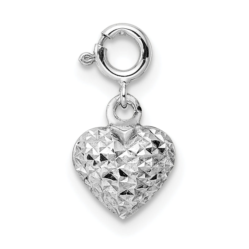14K White Gold Diamond-Cut Heart Spring Ring Charm Pendant