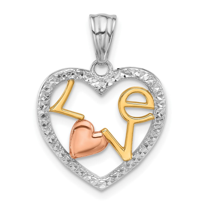 14K Tri-Color Diamond-Cut Love in Heart Pendant