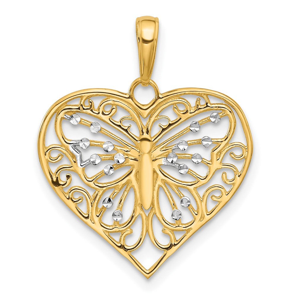14K Yellow & Rhodium and White Rhodium D/c Butterfly Heart Pendant